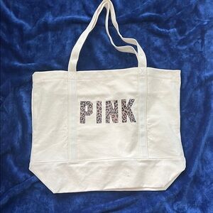 PINK Victoria's Secret White Canvas Tote with Leopard Logo